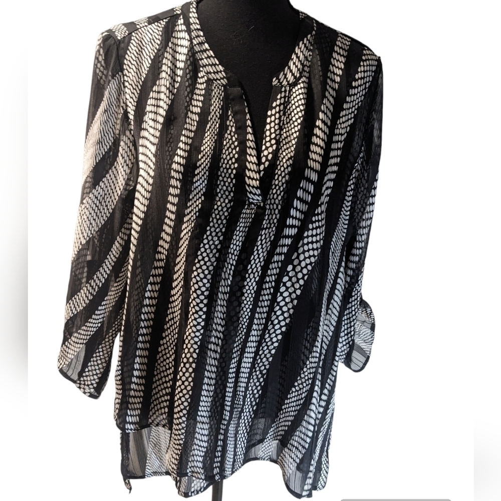 Chico's tunic, high low layered Boho front 3/4 sleeve chiffon pull over size med